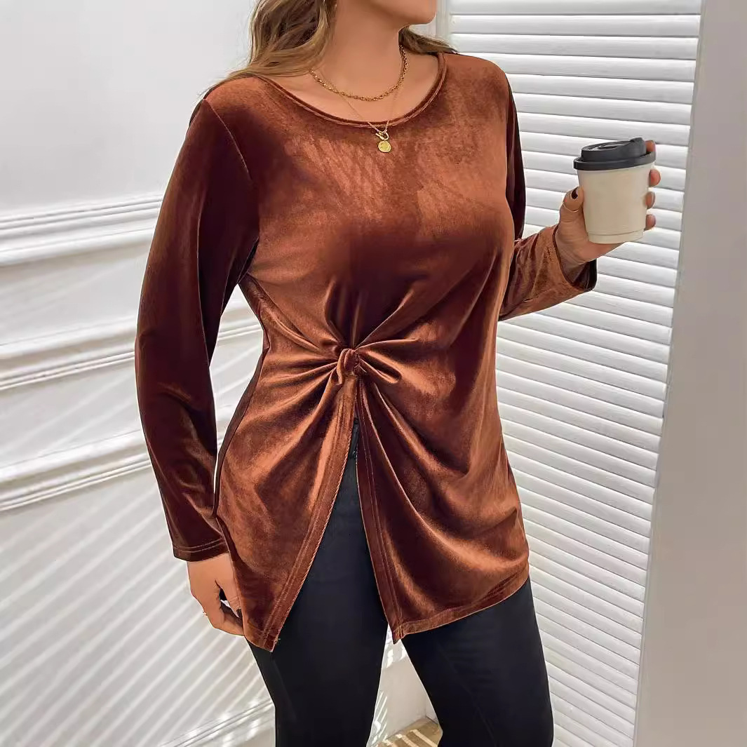 Large Size Womens Elegant Style T-shirt for Autumn and Winter Twisted and Slimming Korean Velvet Long Sleeved Top