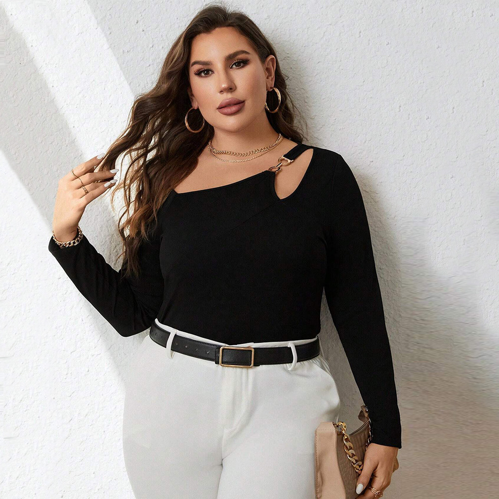 Large Size Womens Clothing Autumn and Winter New Item Slim Fit Temperament Sexy Hollow Out Long Sleeved T-shirt Simple Top