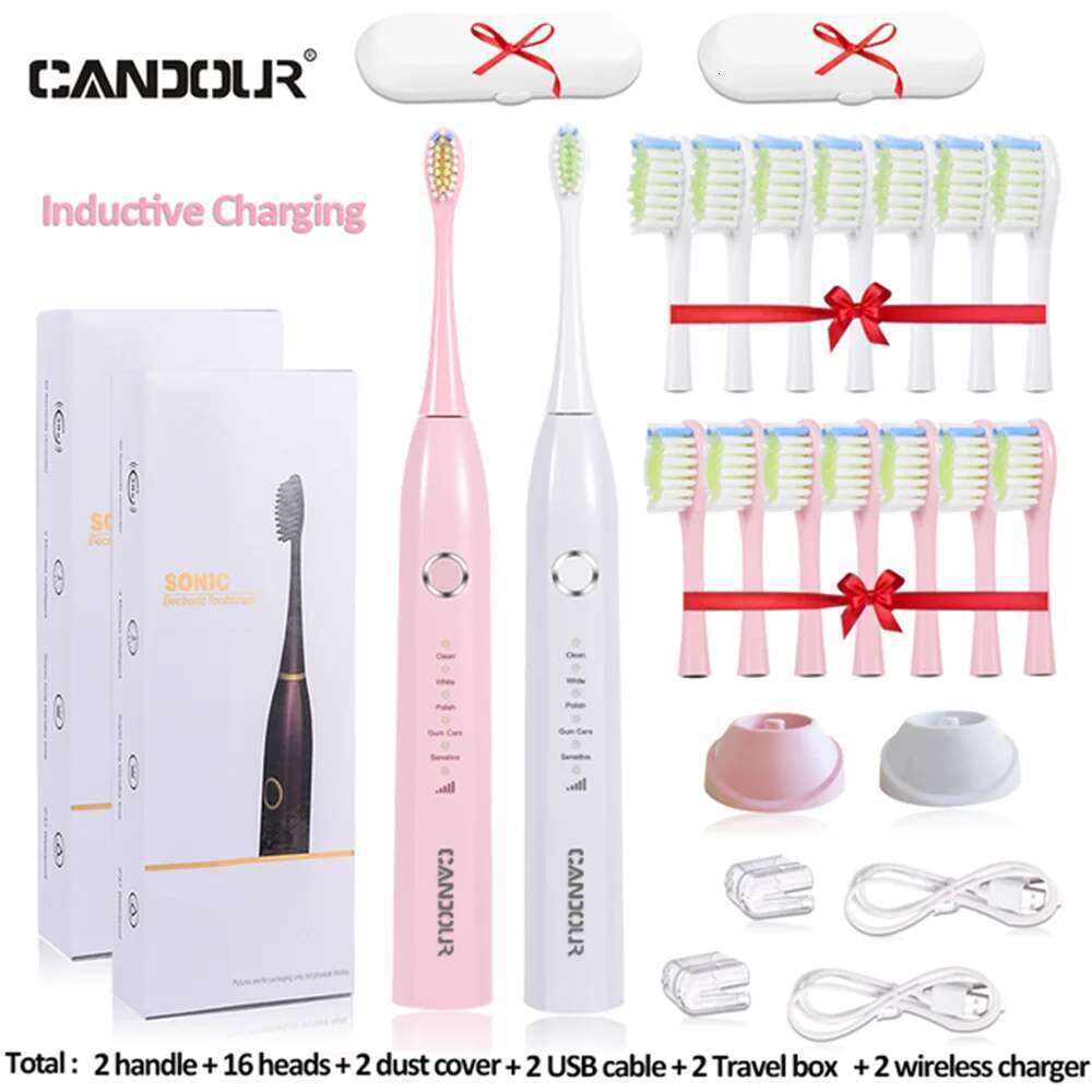 CANDOUR CD5166 Electric Toothbrush USB Charge Rechargeable Sonic Tooth brush For Adult Replacement with 16 Brush Head