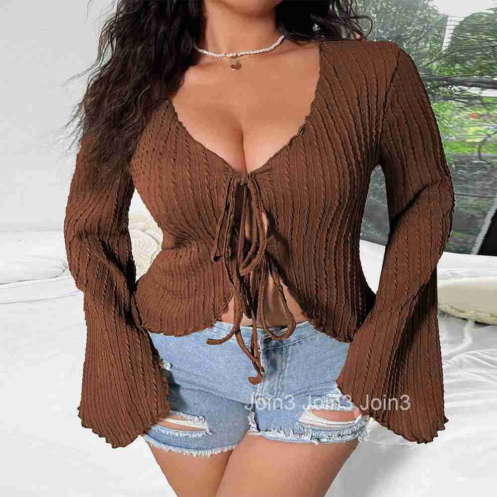 Large Size Womens Sexy Sweet and Spicy V-neck T-shirt Autumn and Winter New Item Trumpet Sleeve Slim Fit Lace Up Cardigan Top