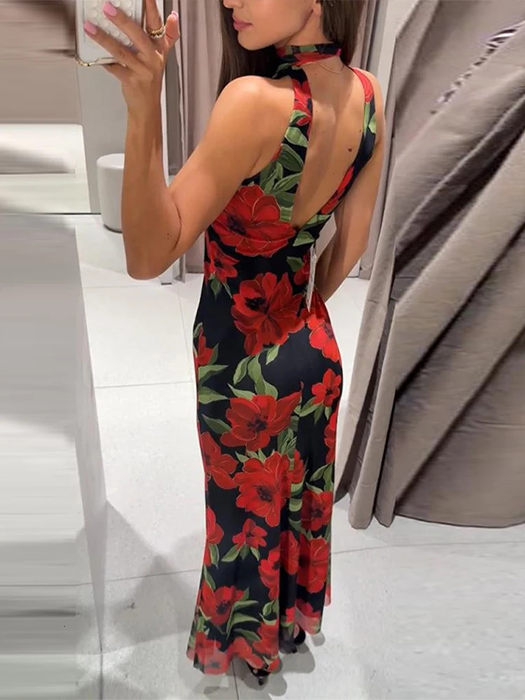 Elegant Ruffle Top Skirt Set Women Chic Print Sleeveless Backless Sling Top Hip Package Long Skirt Sets 2025 Summer Lady Dress 250515