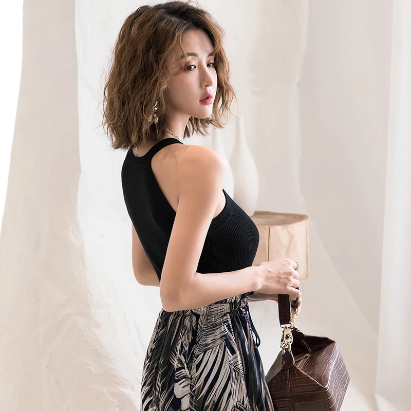 HELIAR Women Black Y2K Crop Tops Knitted Off Shoulder Tank Female ONeck Elastic Solid Elegant Top 2024 Summer 250506