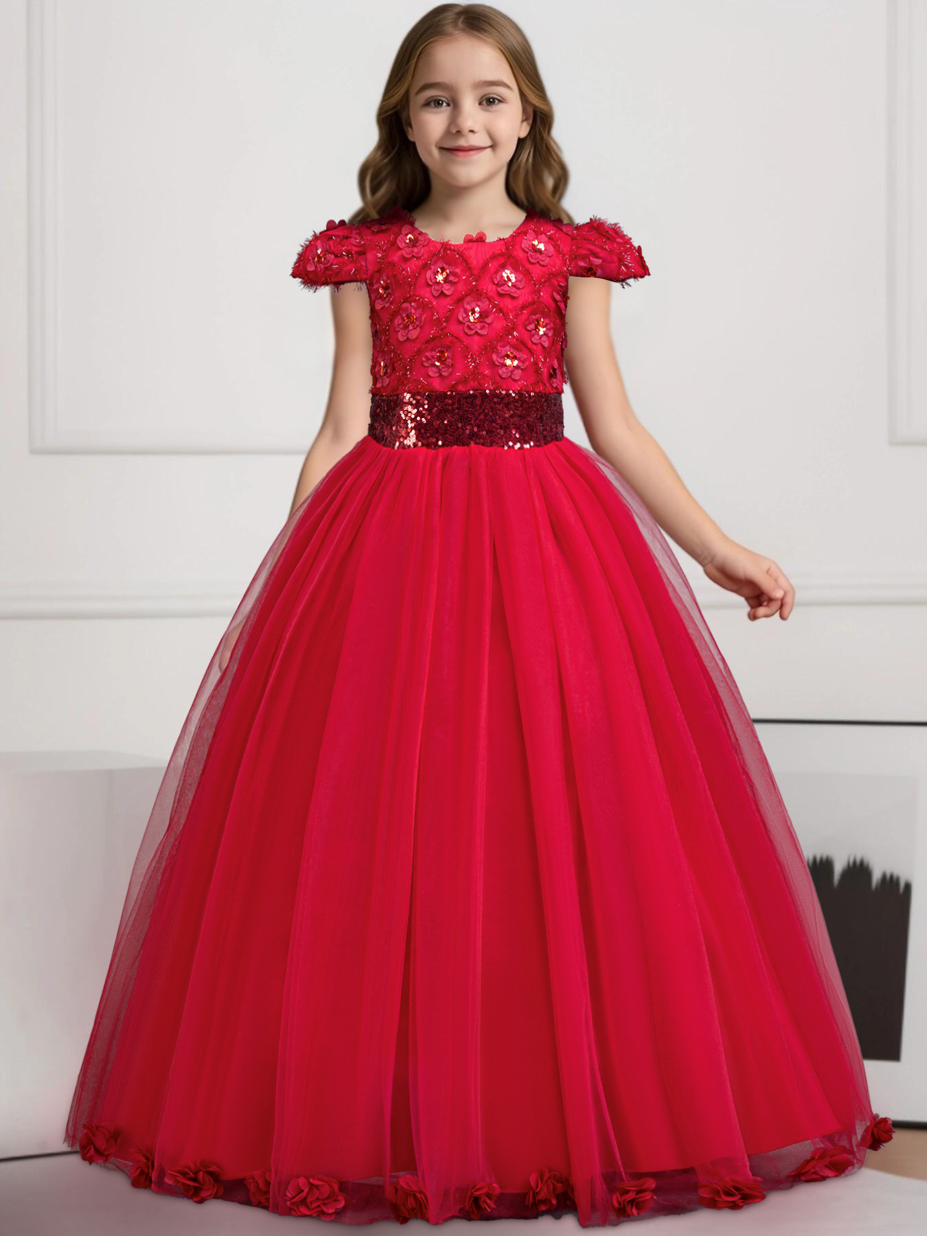 Girl Party Dress New Elegant 3D Flower Mesh Long Wedding Bridesmaid Dress 3-12Y Sequin Graduation Ball Evening Dresses Christmas performance host spee