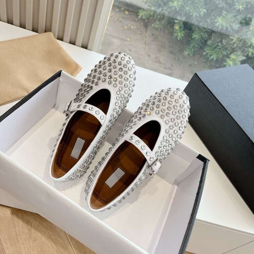 Premium Cowhide Edition~Genuine Leather Round Head Water Diamond Rivet Mary Jane Single Women's Flat Bottom Comfortable Ballet Dance Shoes