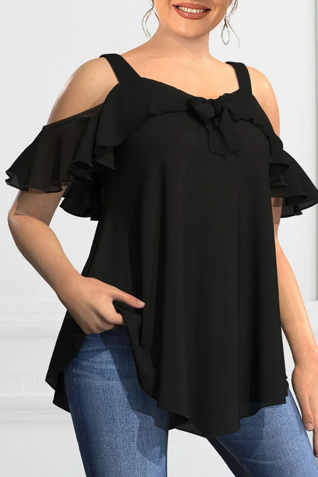 Womens Summer Solid Color Ruffles Short Sleeve Casual Tshirt Fashion Vneck Off The Shoulder Sling Plus Size 2024 250514