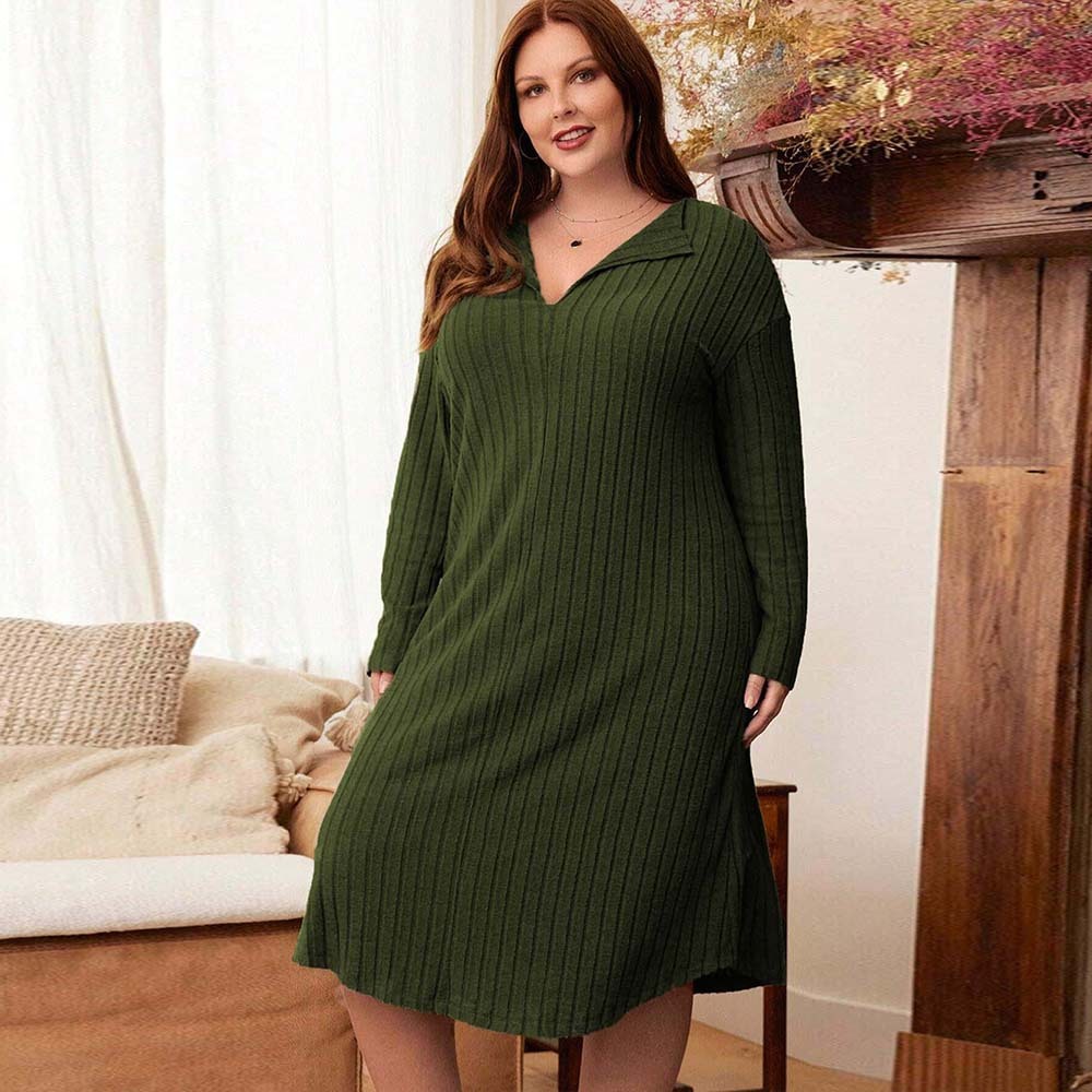 Plus Size Womens Simple Casual Style Dress Autumn and Winter Loose Fit Slimming Long Sleeved Mid Length Skirt