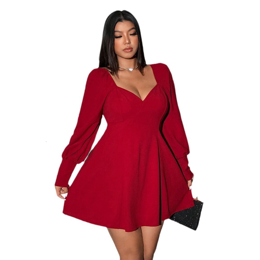 Large Size Womens Clothing High-end and Elegant Wine Red Dress Autumn and Winter New High Waisted V-neck Short Skirt