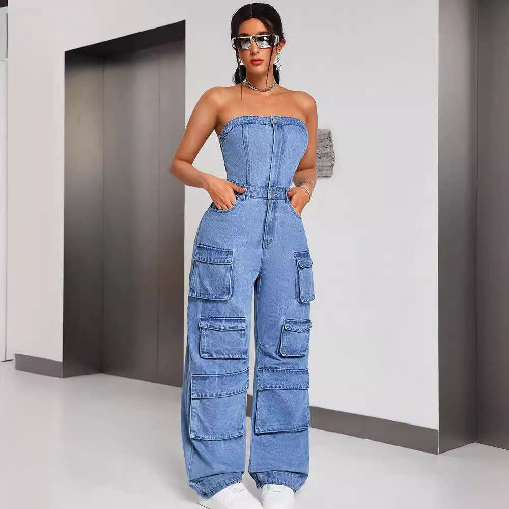 Wide Leg Jumpsuit Women S Denim Jumpsuit Women S Fashion Spicy Girl Strapless Multi Pocket Work Pants