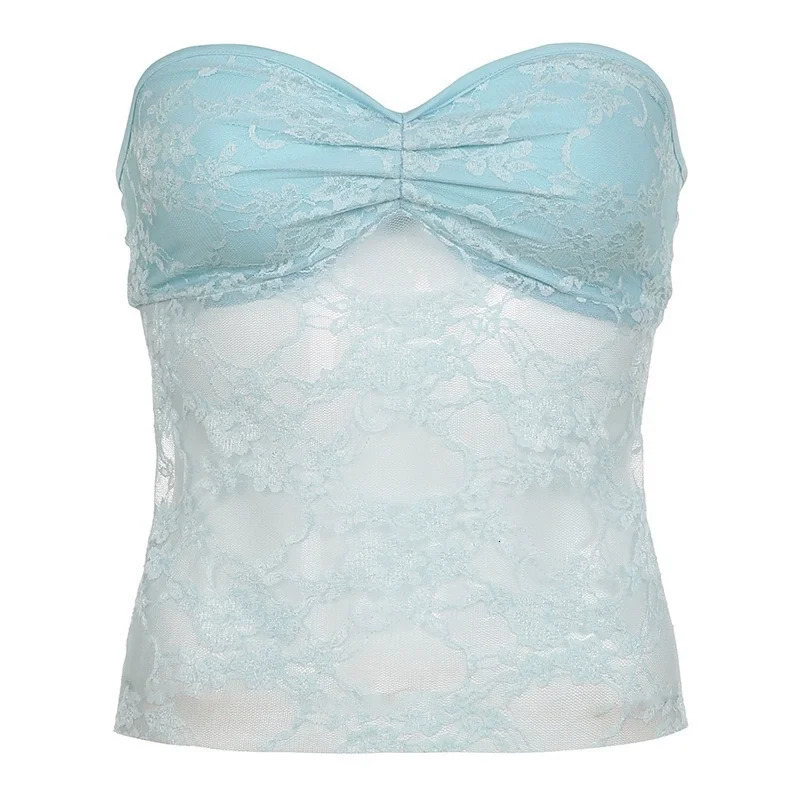 Summer womens solid color strapless tight corset top with sweet lace patchwork and sexy perspective fashion y2k vest 250506