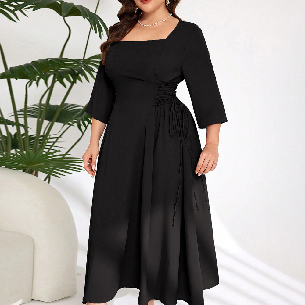 Plus Size Womens Elegant Style Square Neck Dress Autumn and Winter High-end Sense Age Reducing Design Sense Mid Length Skirt