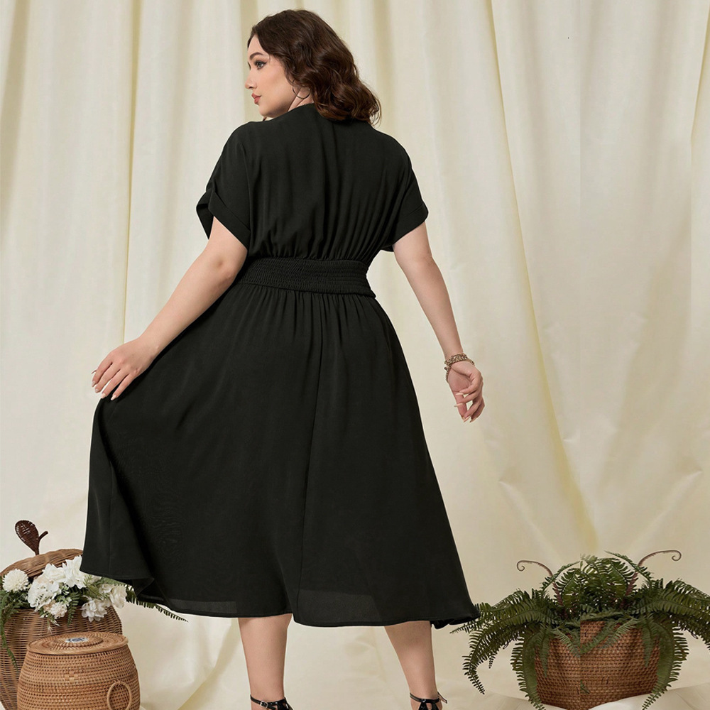 Oversized Womens V-neck Slim Fit Short Sleeved Dress with Vacation Style High Waist A-line Beach Skirt for Women