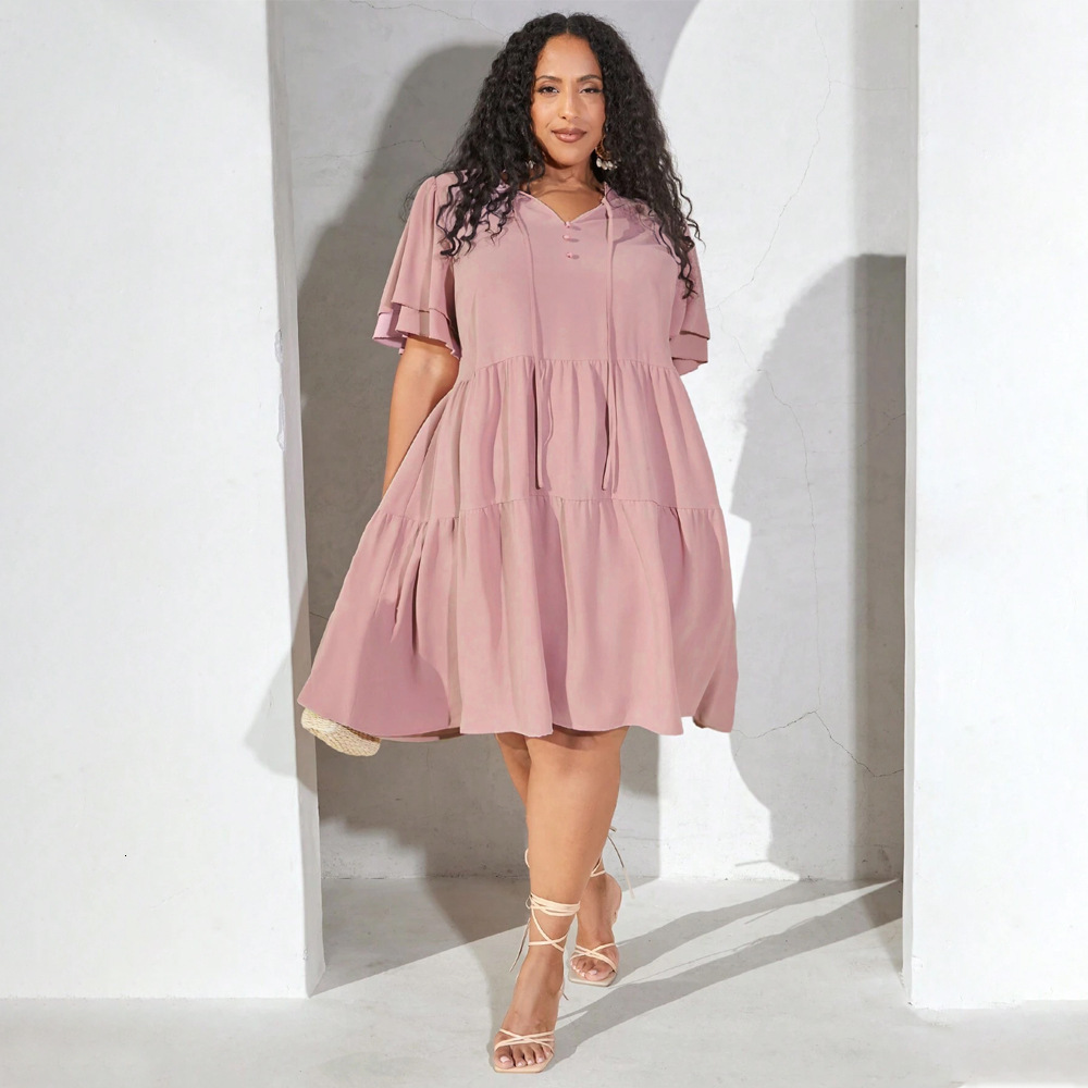 New Womens Summer Casual V-neck Doll Dress with Triple Fold
