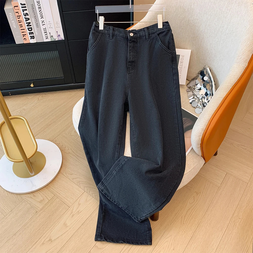 Plus-size womens fall casual commute baggy comfort jeans with button pockets straight-leg black elasticated waist pants large 250515
