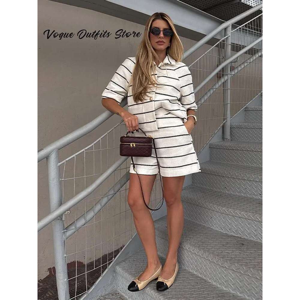 Casual Striped Women Set Lapel Single Breasted Half Sleeve Tops Pockets Mini Shorts Outfit Summer Fashion Lady Sets
