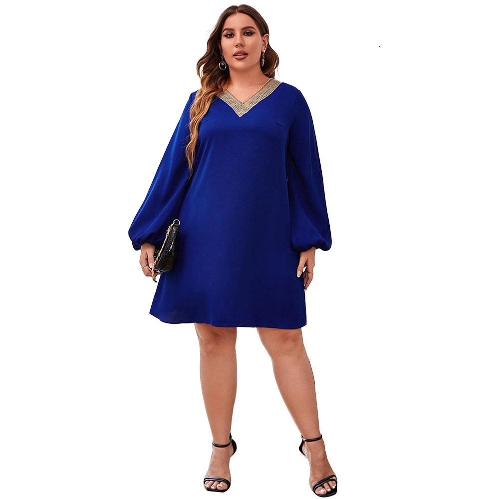 Large Size Womens Autumn and Winter New Loose Casual Patchwork Lace Long Sleeved A-line Skirt Dress