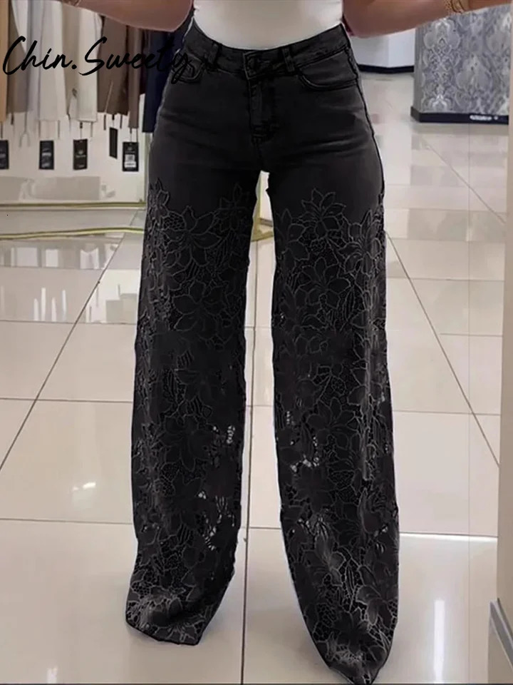 Urban crochet denim womens pants Elegan hollow zipper pocket button Trouser 2025 summer fashion streetwear 250506