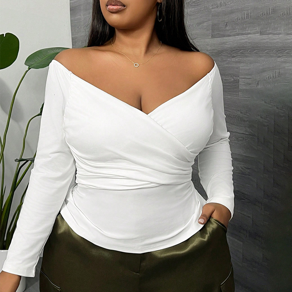Large Size Womens Simple and Sexy T-shirt Autumn and Winter V-neck Slim Fit and Slimming Short Long Sleeved Top