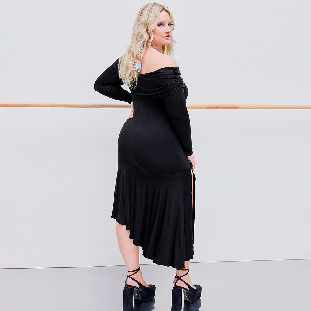 Large Size Womens Dress with a Socialite Style Design Autumn and Winter Slanted Collar Off Shoulder Slit Mid Length Skirt
