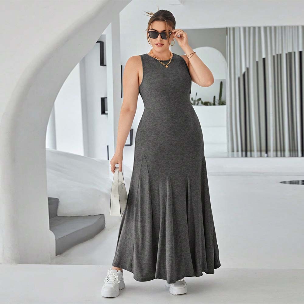 Plus Size Womens Casual Round Neck Sleeveless Dress Summer New High Waisted Slim Fit Long Dress