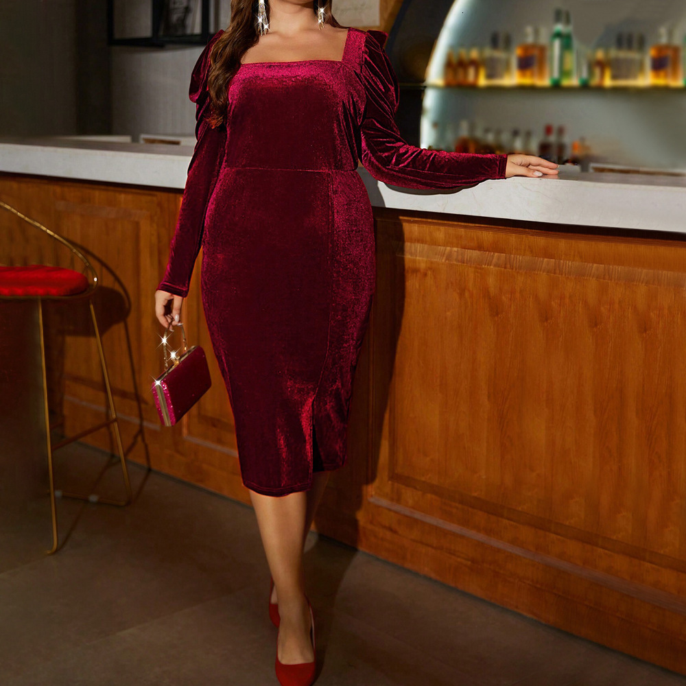 Plus Size Womens Socialite Wine Red Dress Autumn and Winter Elegant Evening Dress Mid Length Skirt 3xl