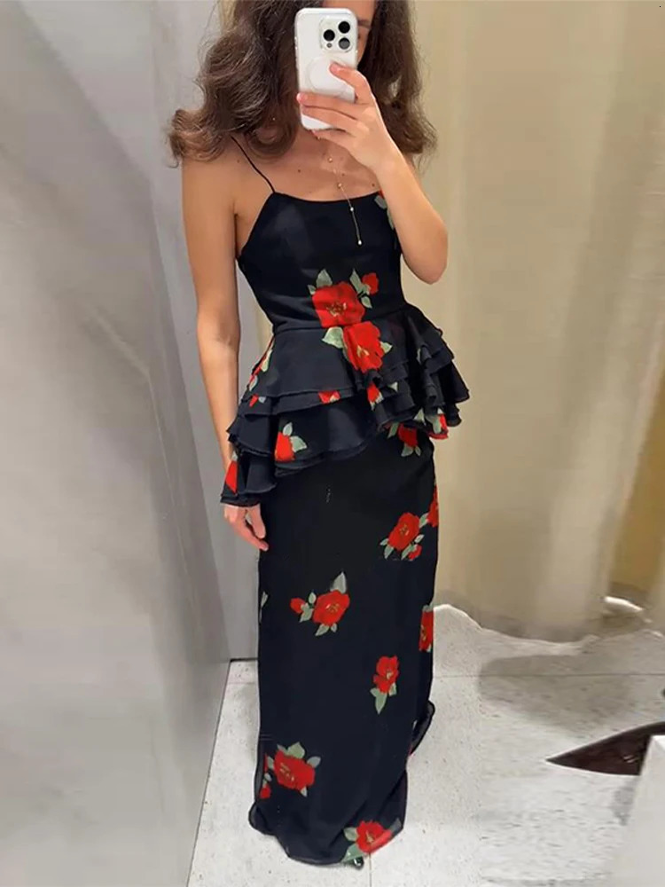 Elegant Ruffle Top Skirt Set Women Chic Print Sleeveless Backless Sling Top Hip Package Long Skirt Sets 2025 Summer Lady Dress 250515