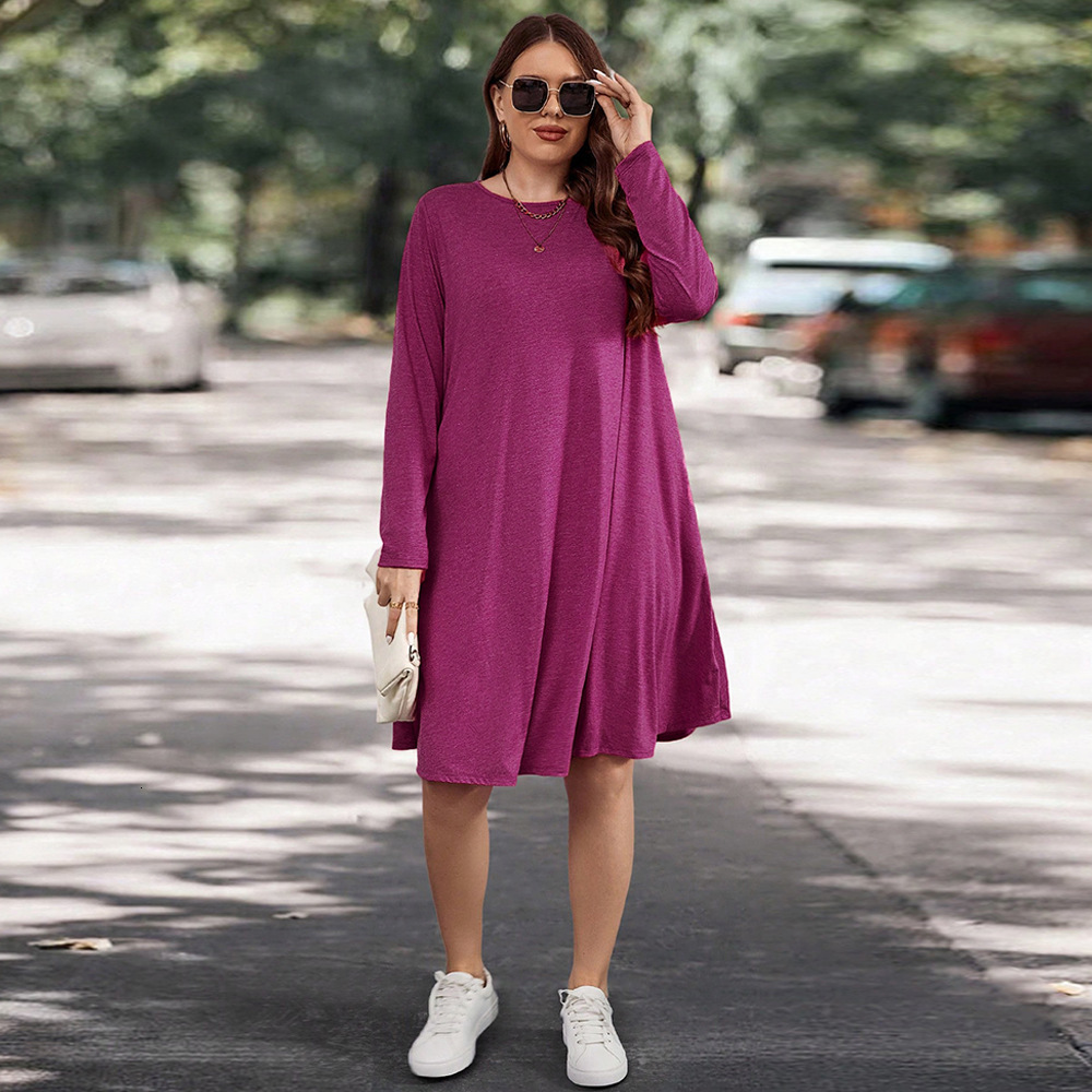 Large Size Womens Autumn and Winter Long Sleeved Round Neck Loose Casual Solid Color Pocket Dress