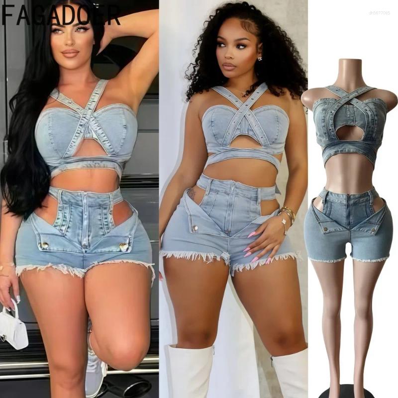 Women's Tracksuits FAGADOER Summer Sexy Denim 2 Piece Sets Woman Outfit Y2k Streetwear Spaghetti Strap Sleeveless Crop Top And Shorts Suit