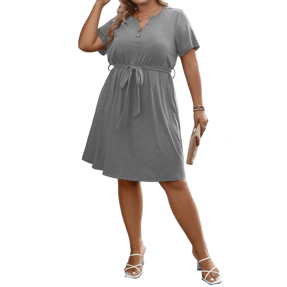 Spring/summer New Plus Size Womens V-neck Waistband Cinched A-line Skirt Short Sleeved Temperament Dress