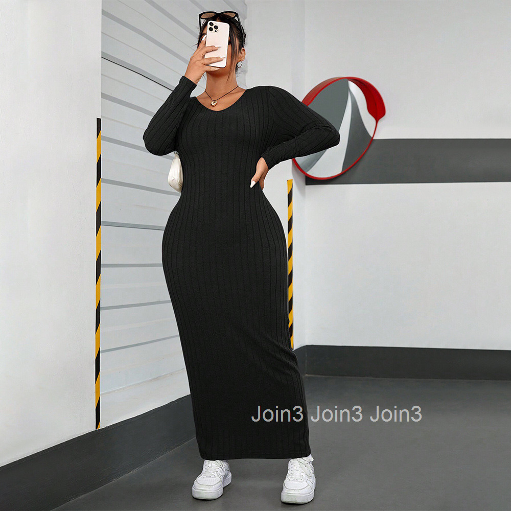Plus Size Womens Long Sleeved Dress Autumn and Winter Minimalist Style Slim Fit Hip Hugging Long Skirt for Women