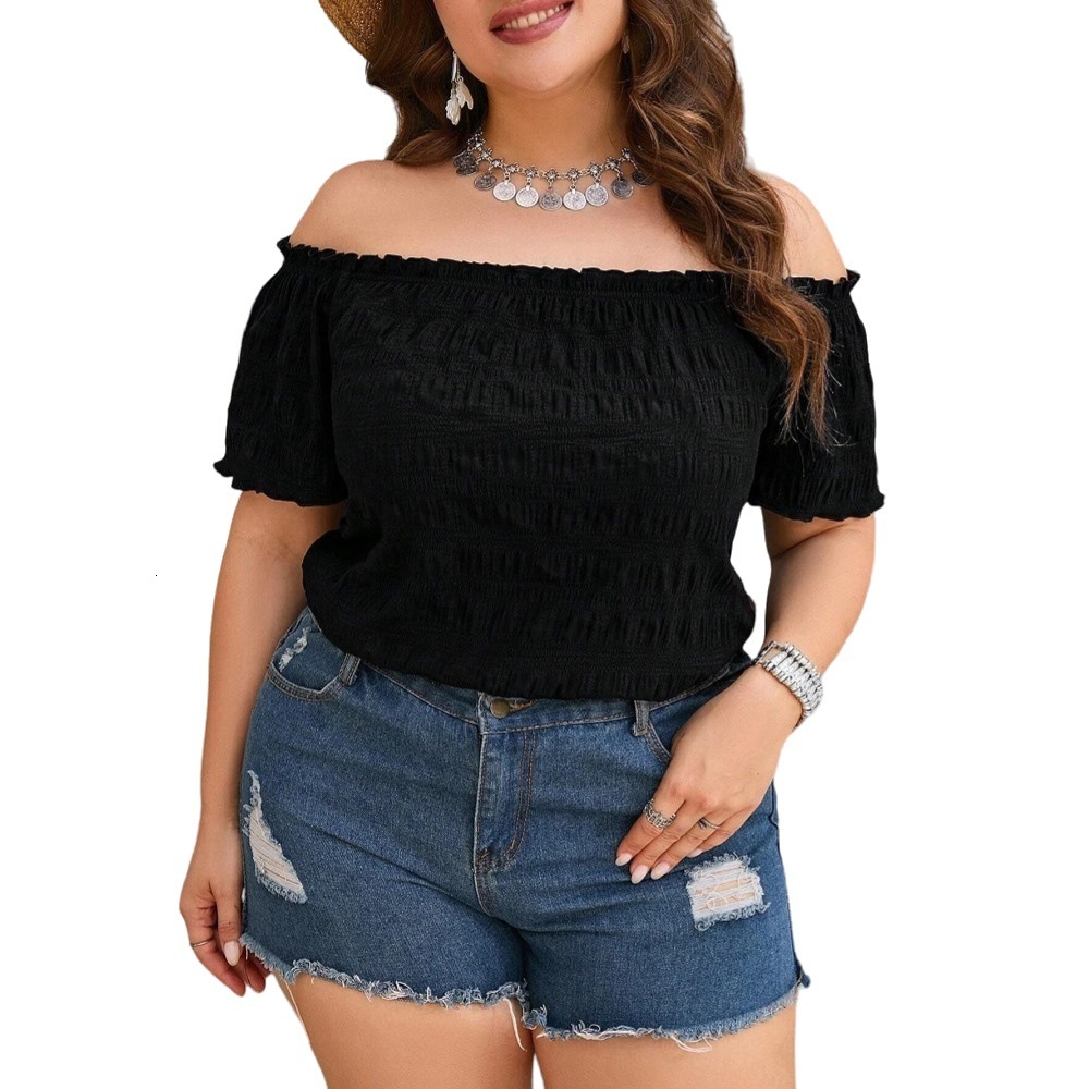 2025 Womens Sweet and Spicy Style Strapless T-shirt Summer New Item Solid Color One Neck Short Top
