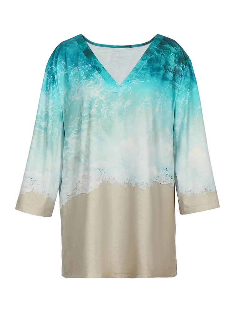 Plus Size 5XL 2025 Summer Casual Tee Shirt Womens V Neck Tops Loose Short Sleeve Wave Print Pullover Fashion Tshirt 250514