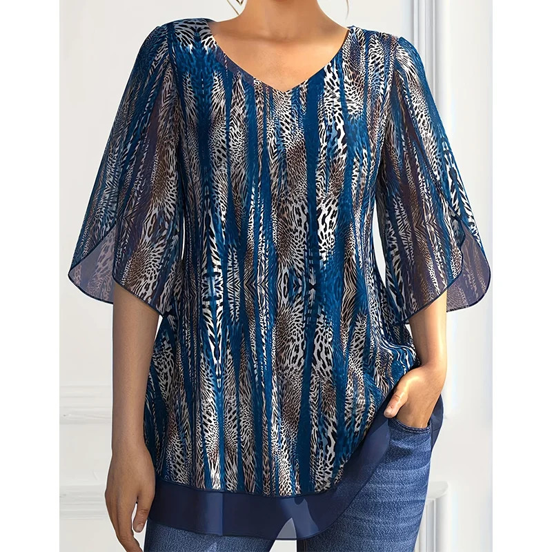 Plus Size Women Chiffon T Shirt VNeck Half Sleeve Summer Loose Casual Vintage Printing Elegant Office Lady Tee Top for Female 250514