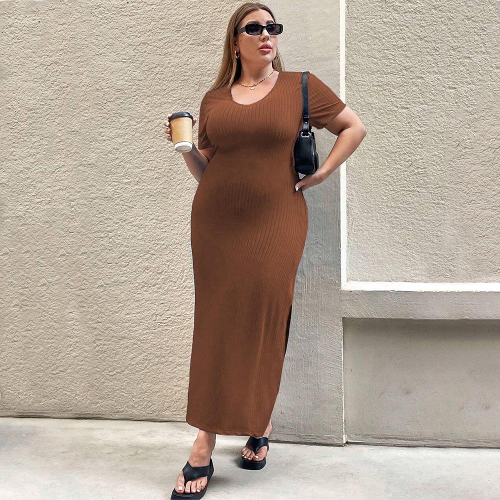 Large Size Womens Clothing New Style Temperament Waist Cinching Slit Short Sleeved Dress Hip Hugging Long Skirt