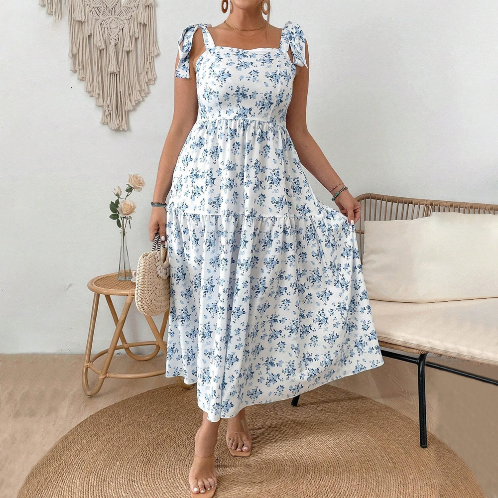 Large Size Womens Camisole Style Mid Length Skirt with Waist Cinching and Oversized Swing Printed Vacation Dress