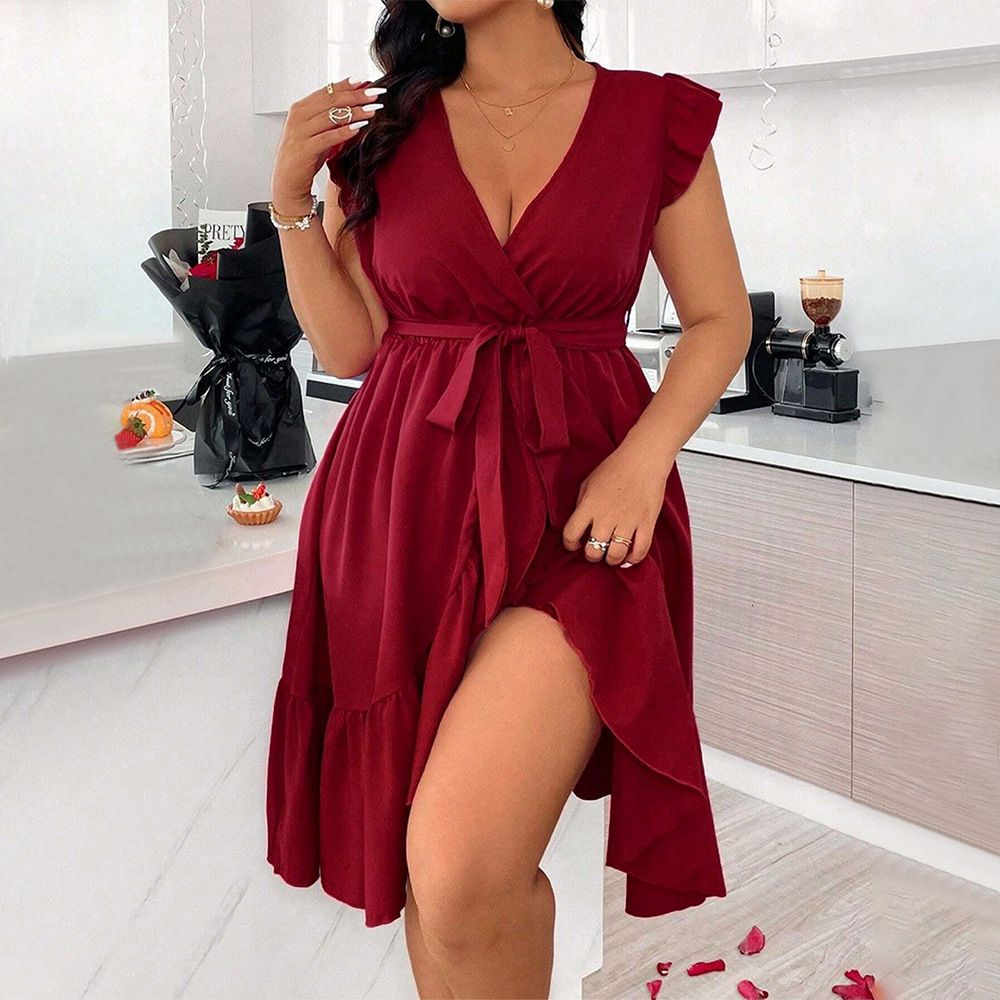 New Womens V-neck Solid Color Tied Waist Ruffle Edge Short Sleeve Dress