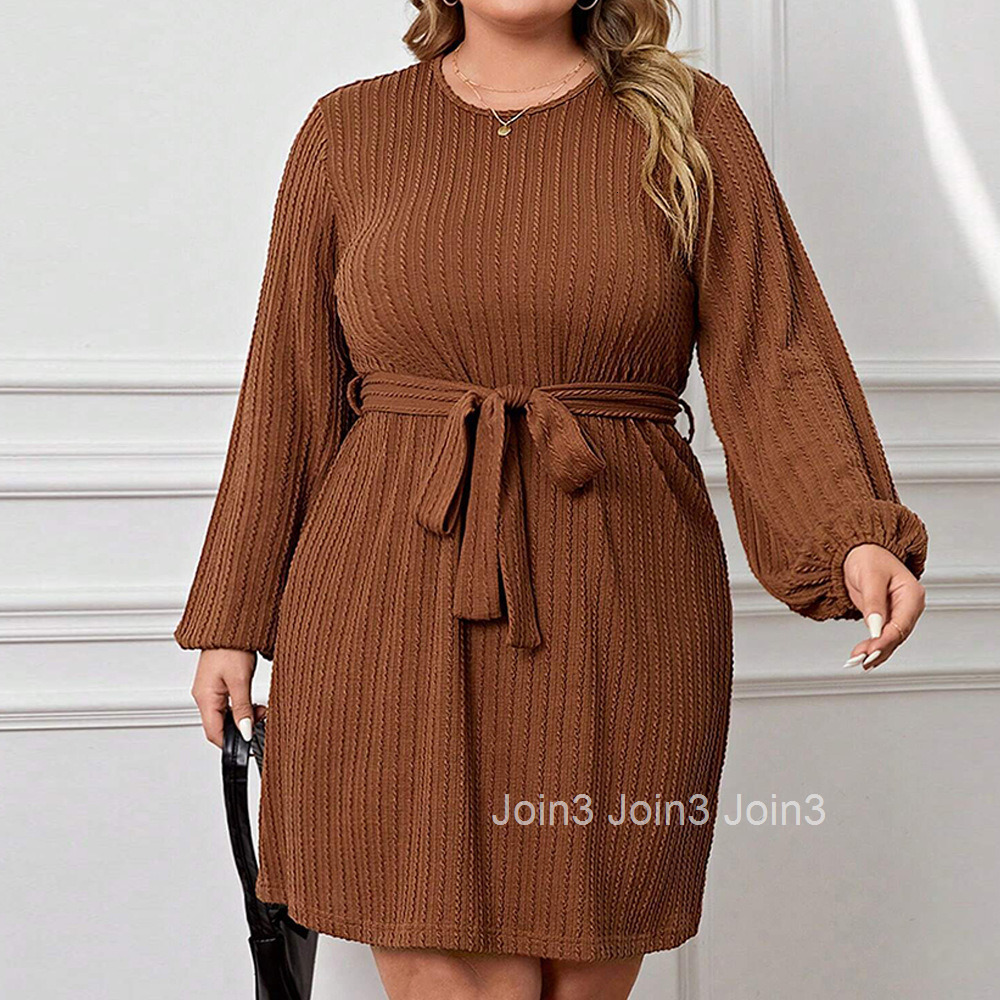 Large Size Womens New Collection Waist Cinched Round Neck Bubble Sleeves A-line Skirt Temperament Commuting Dress