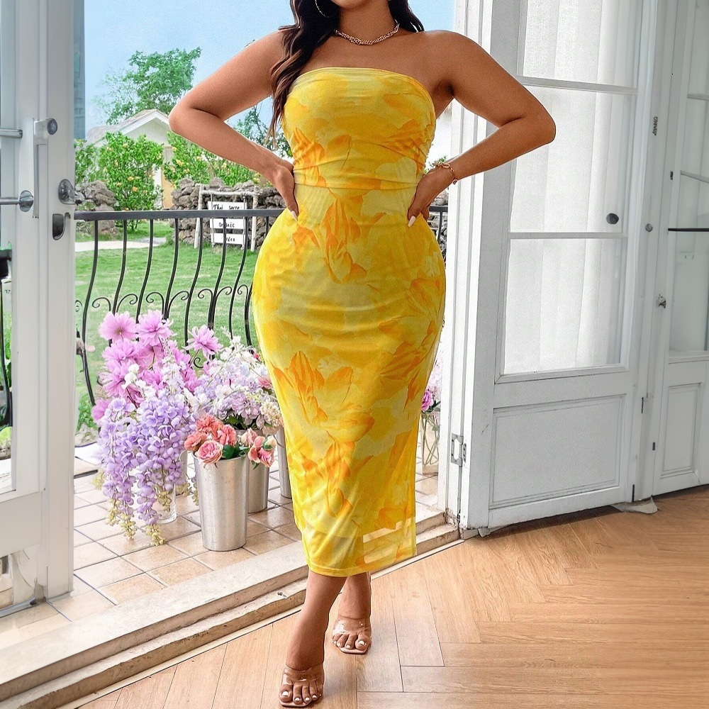 Plus Size Womens Sexy Printed Dress Summer One Neck Strapless Long Dress