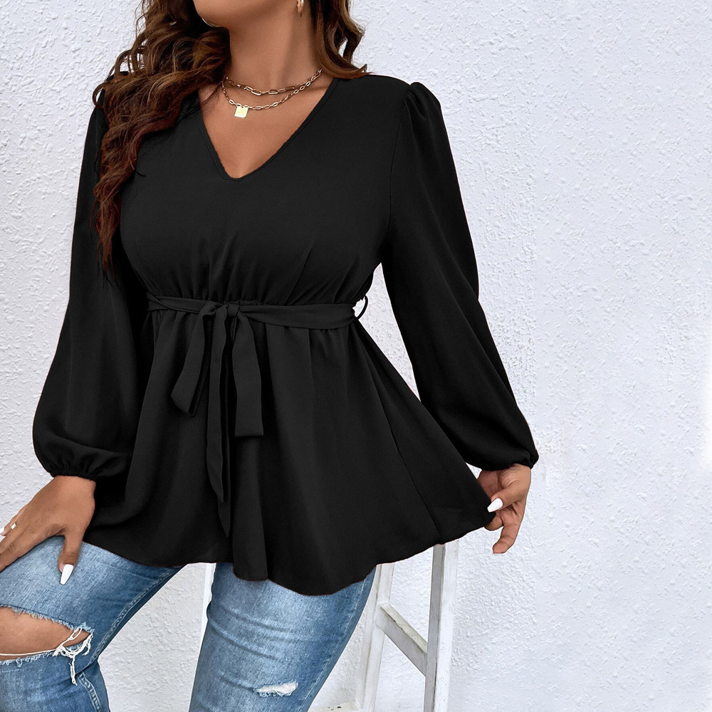 Plus Size Womens V-neck Lantern Sleeve T-shirt with Autumn and Winter Temperament Elegant Slim Fit Top