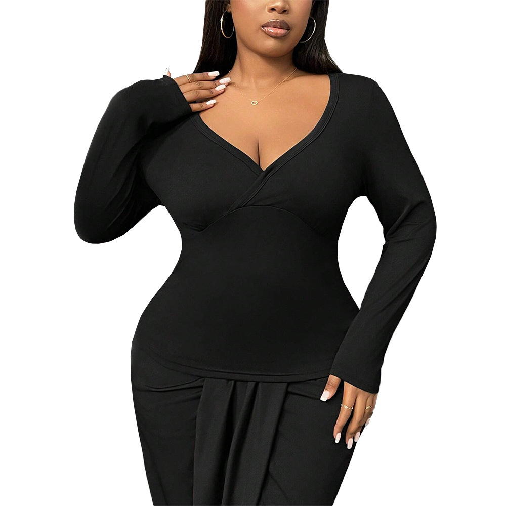 Plus Size Womens Simple Style Solid Color T-shirt Versatile for Autumn and Winter Commuting Long Sleeved Top for Interior Wear