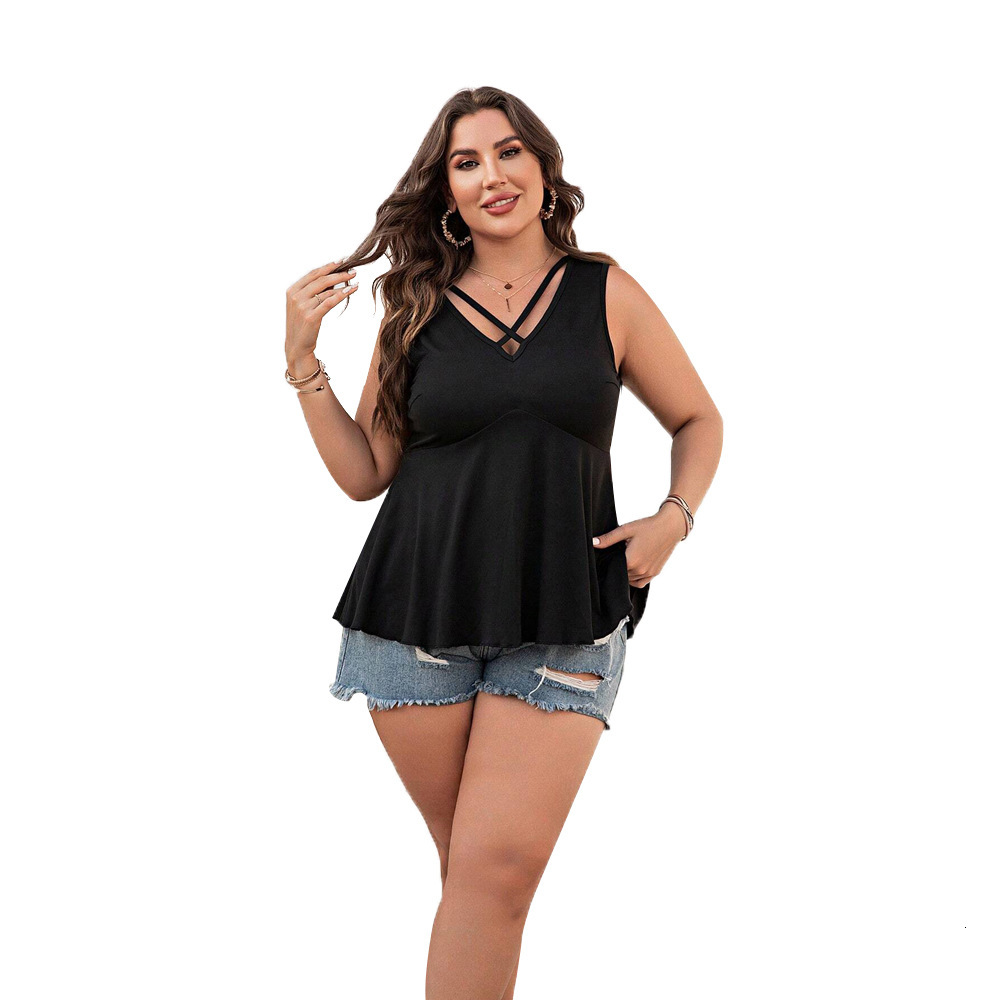 Plus Size Womens Simple Casual Style V-neck T-shirt Summer Versatile Sleeveless Top