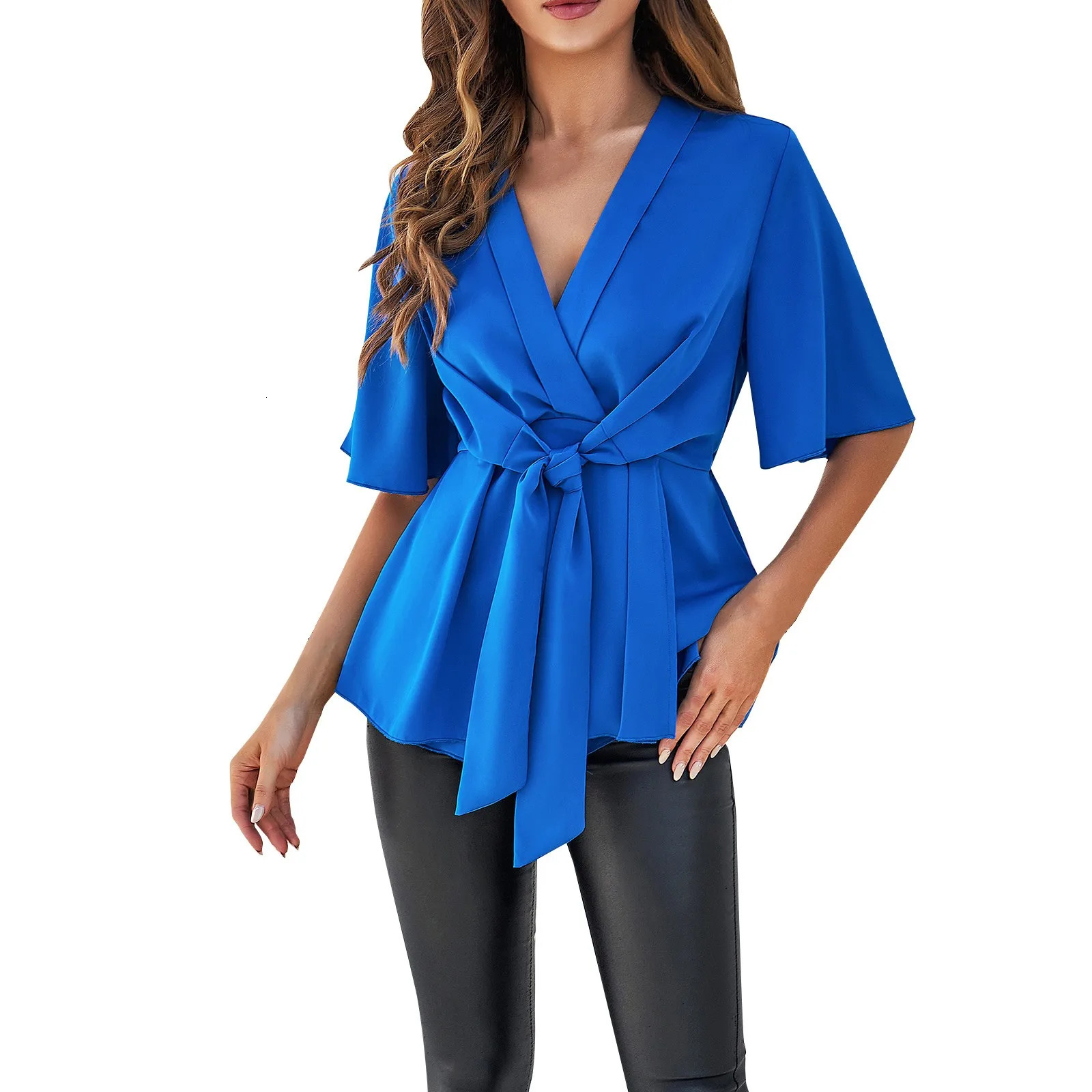 Summer Solid Color Elegant Short Sleeve Tie Corset Top Plus Size Women Clothing Clothes For 4xl 5xl 6xl 7xl 250514