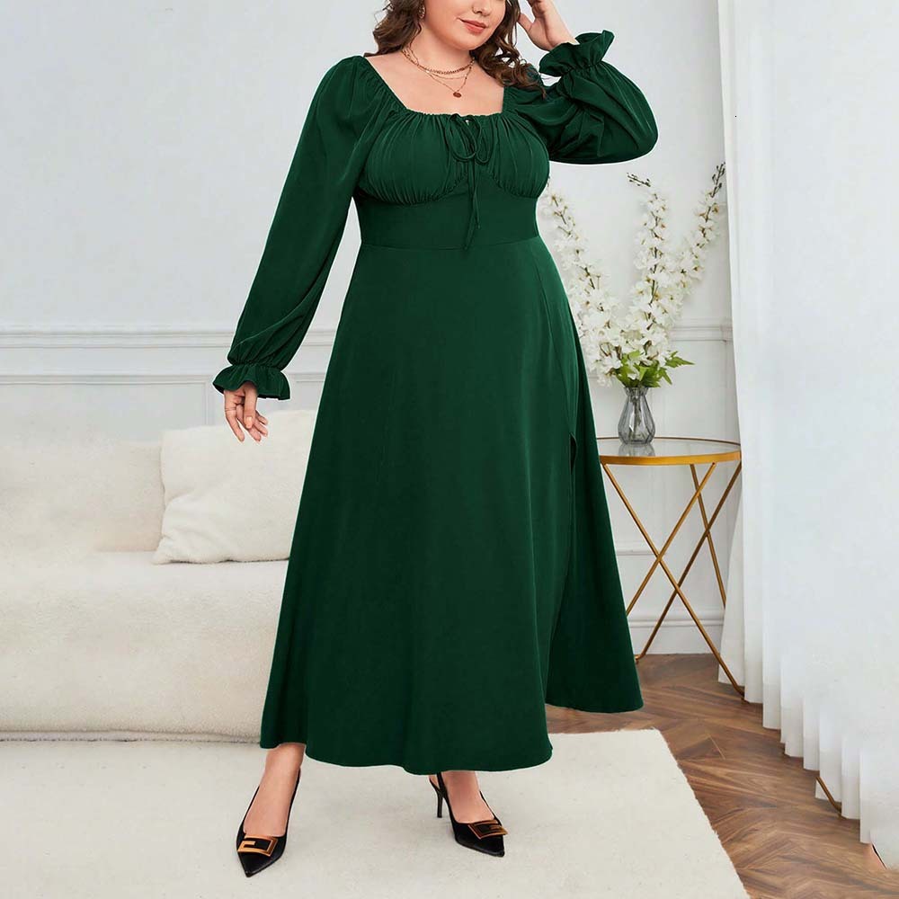 Large Size Womens French Elegant Style Dress for Autumn and Winter High Waisted Split Square Neck Mid Length Skirt