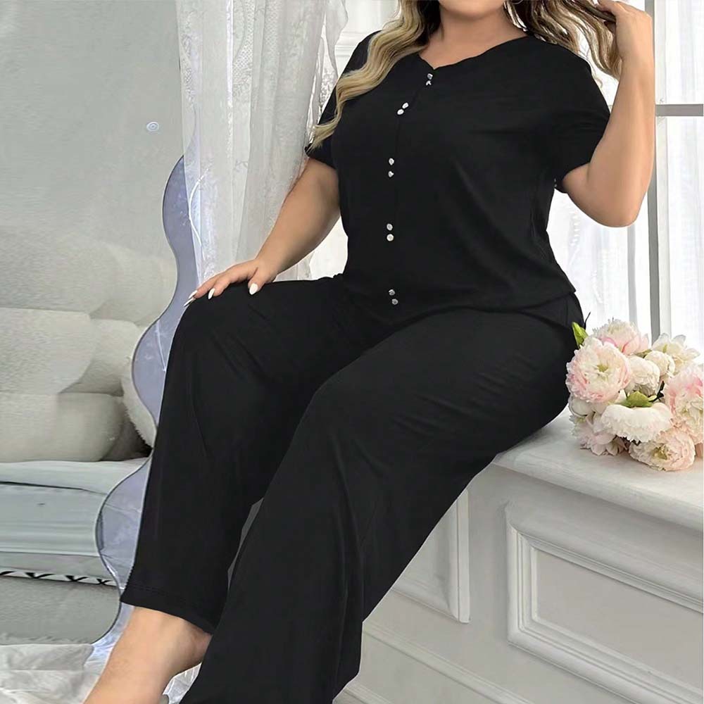 Simple Leisure Style Large Size Home Clothing Set Summer Short Sleeve Two Piece Set for Women