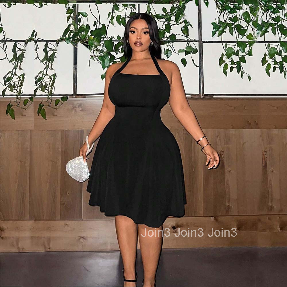 Large Size Womens Square Neck Hanging Neck Dress with a Sense of Luxury and Temperament Waist Cinching A-line Slimming Short Skirt