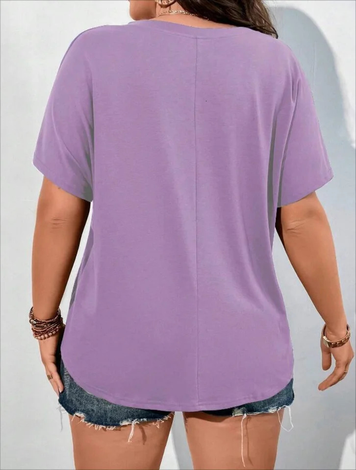 Plus Size European and American Cross Border Womens Vneck Casual Solid Color Pocket Tshirt 250514