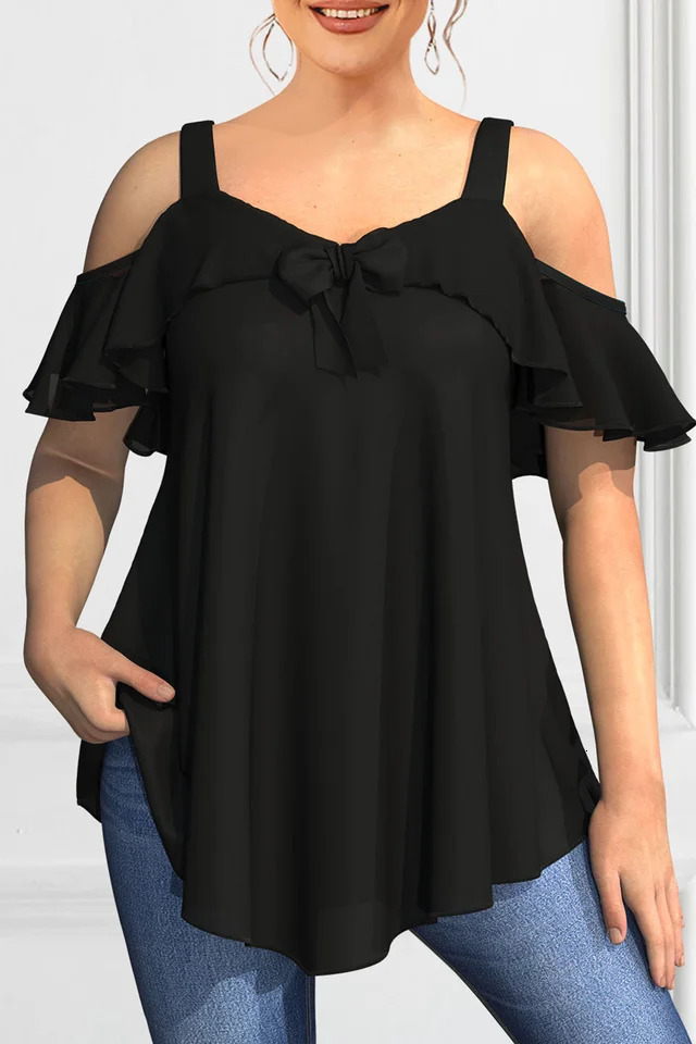 Womens Summer Solid Color Ruffles Short Sleeve Casual Tshirt Fashion Vneck Off The Shoulder Sling Plus Size 2024 250514
