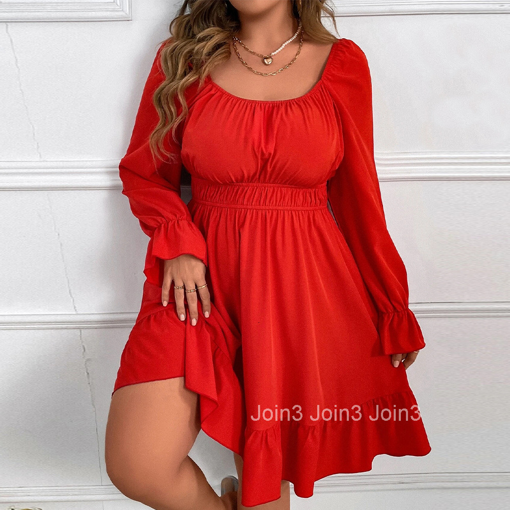 Large Size Womens Clothing Autumn and Winter New Item Square Collar Waist Cinching Large Swing Long Sleeved Elegant Dress with Temperament