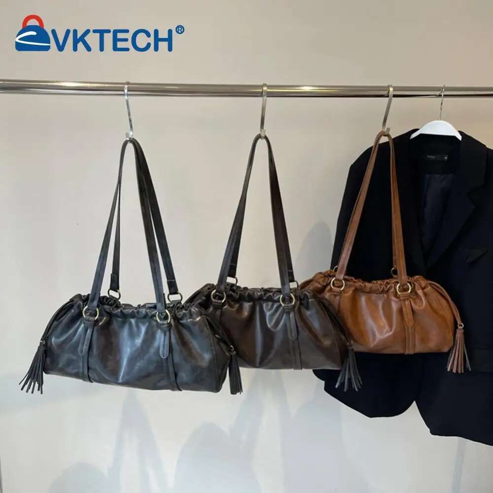 Womens Retro Vintage Tote Large Capacity PU Leather Fashion Drawstring Handbags Buckle Closure Armpit Bag For Outdoor Travel