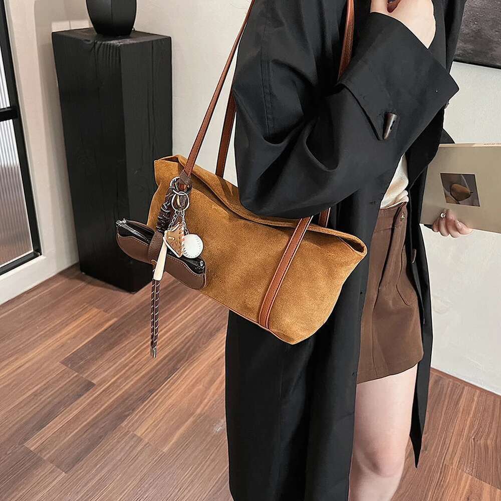 Women Suede Shoulder With Inner Pocket Flap Underarm Solid Retro Satchel Bag Female Fashion Large Handbag Clutch Purse