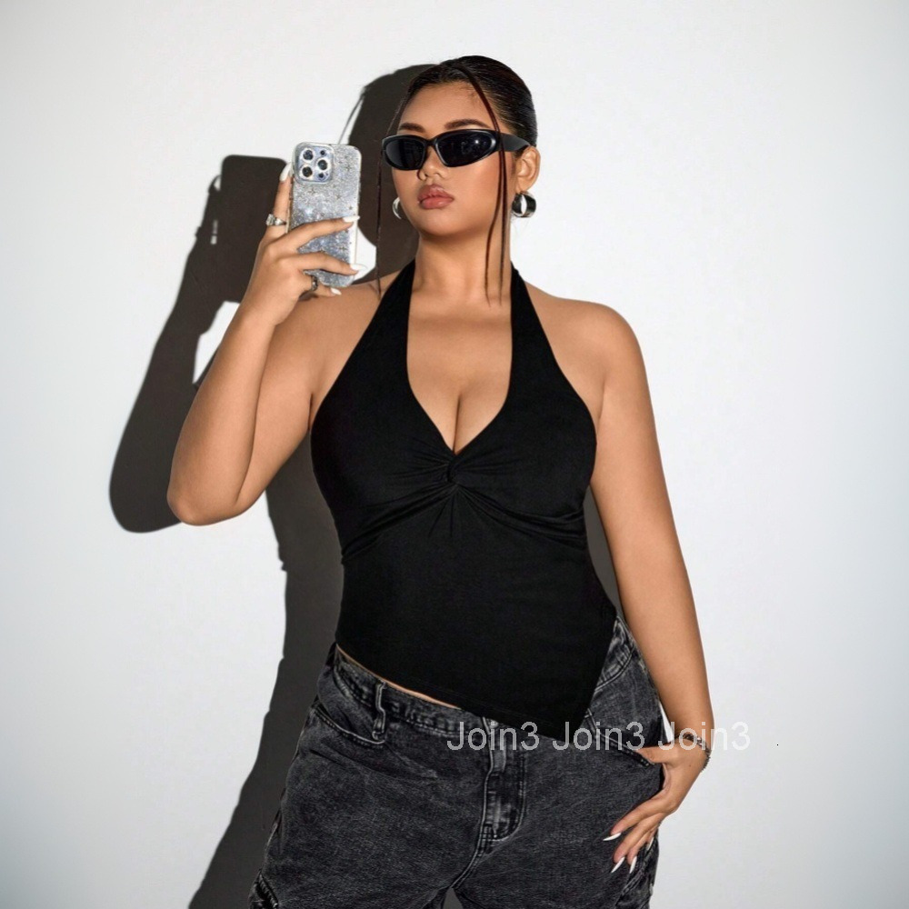 2025 Plus Size Womens Sexy Hanging Neck T-shirt for Spring and Summer Backless Design V-neck Short Top